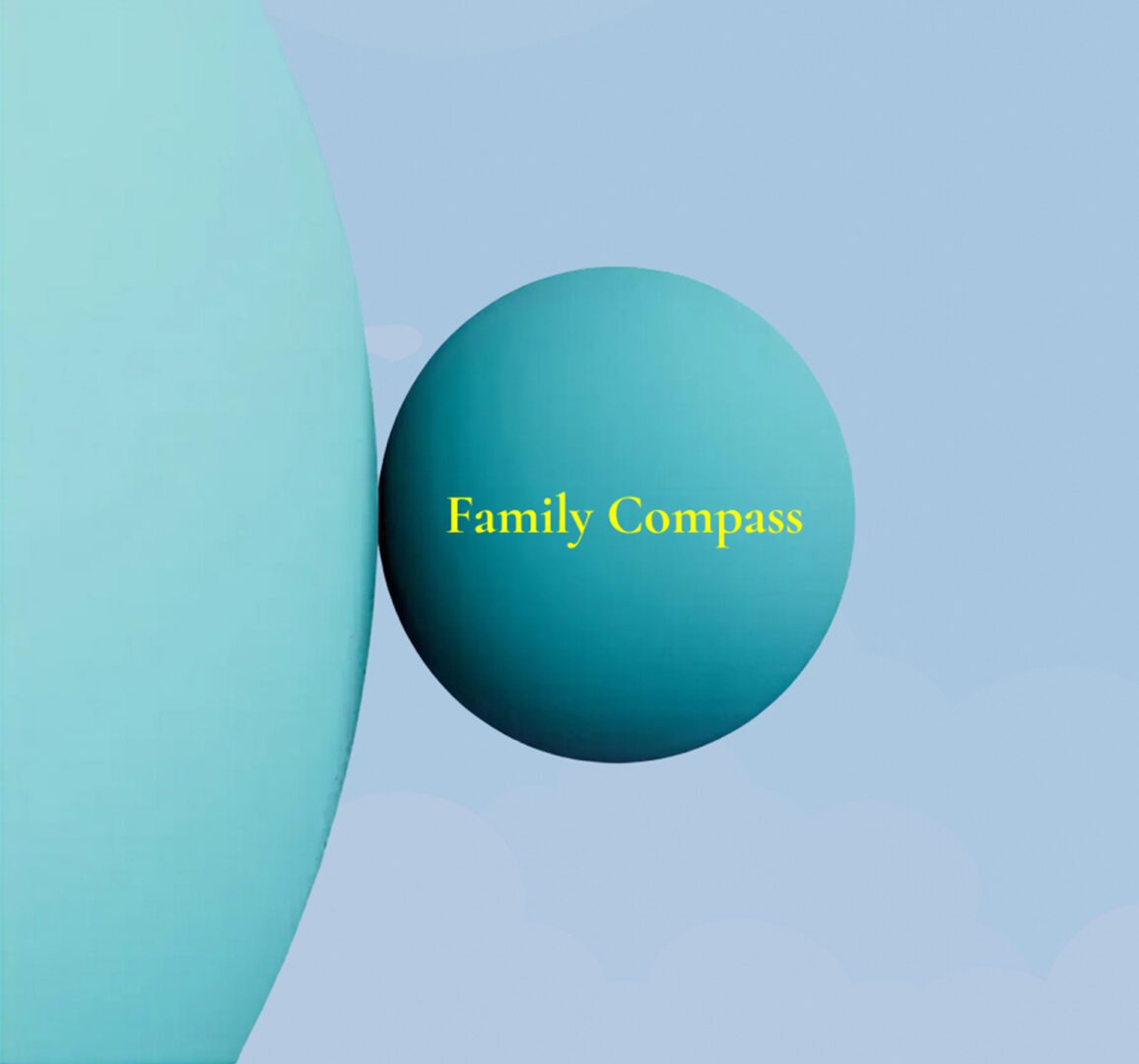 A small blue sphere labeled 'Family Compass' next to a larger blue sphere on a light background.